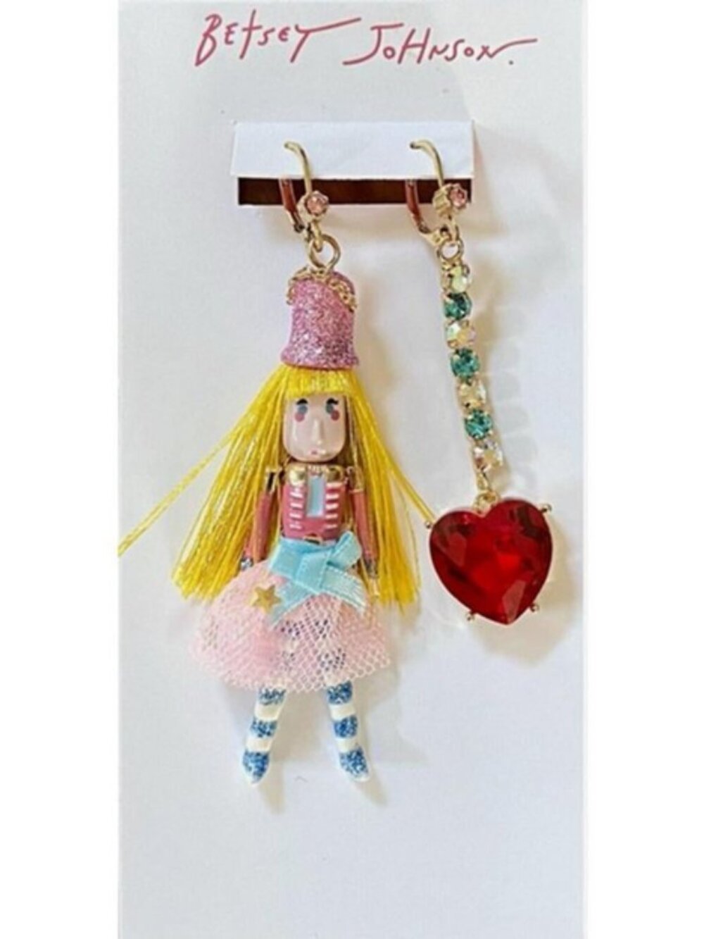 Betsey Johnson Jingle Bell Bling Nutcracker Dangle Mismatch Earrings Pink NWT